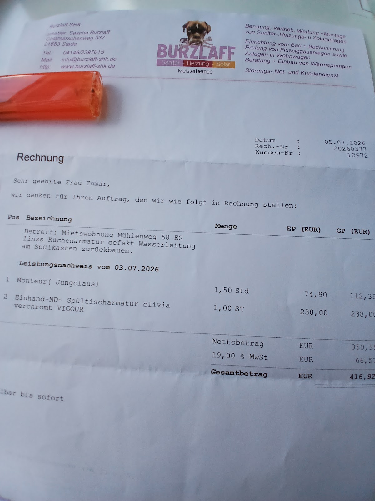 Burzlaff SHK, Sanitär-Heizung-Solar in Stade – Foto aus einer Kundenbewertung